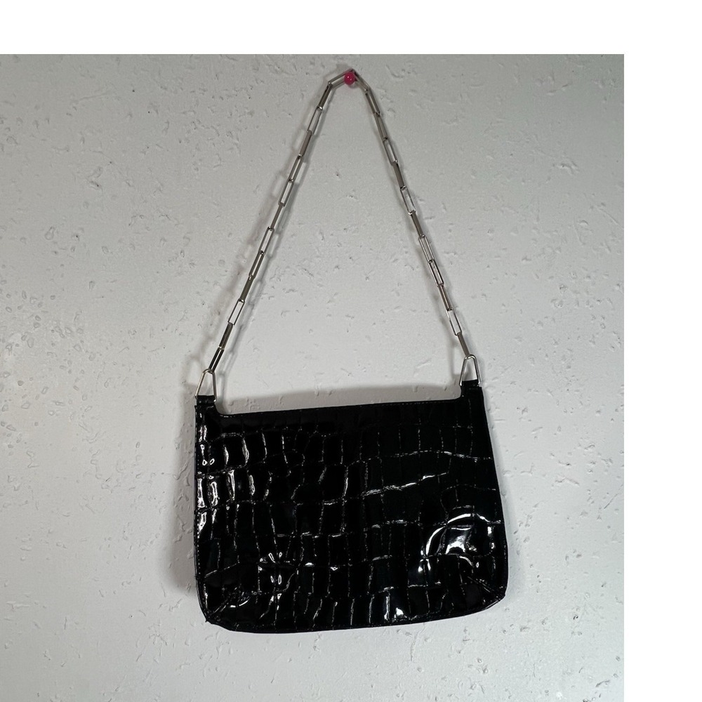 bebe Black Crocodile Embossed Patent Shoulder Bag Silver Chain Zip Rectangle